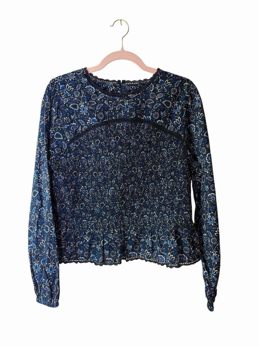 Ann Taylor LOFT Women's Floral‎ Long Sleeve Smocked Button Blouse Top, Size L